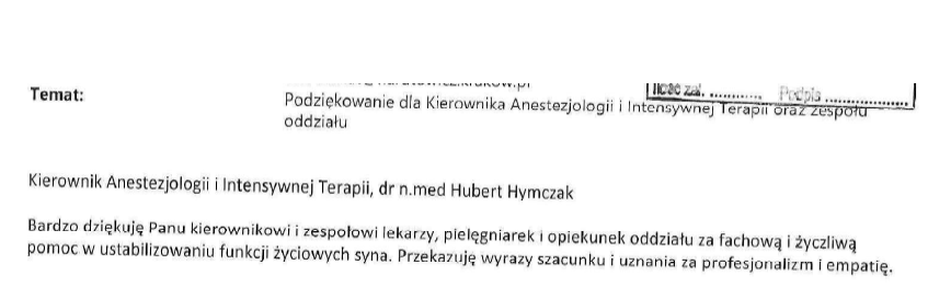 Podziękowanie dla Kierownika oraz zespołu Oddziału Anestezjologii i Intensywnej Terapii